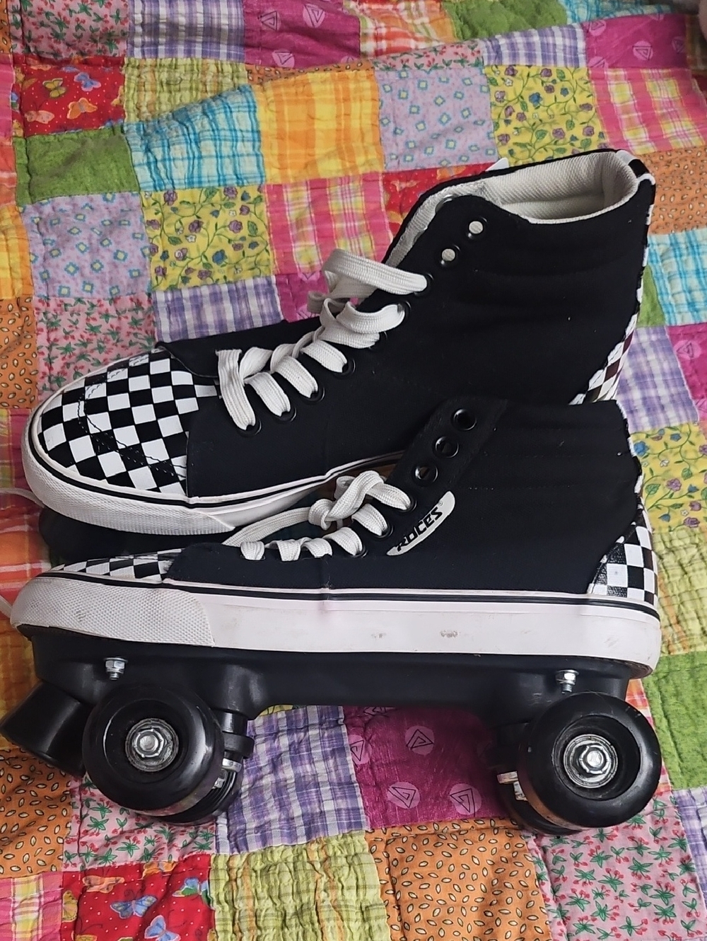 Black Checkerboard High-Top Kids Roller Sneakers
